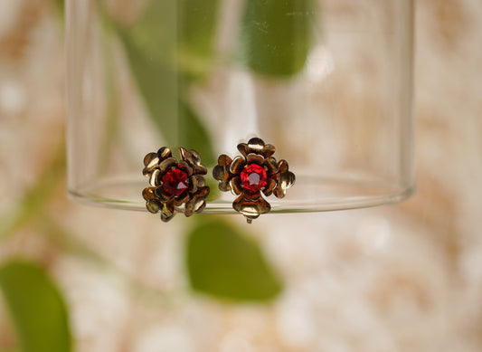 Golden flower with ruby center earrings